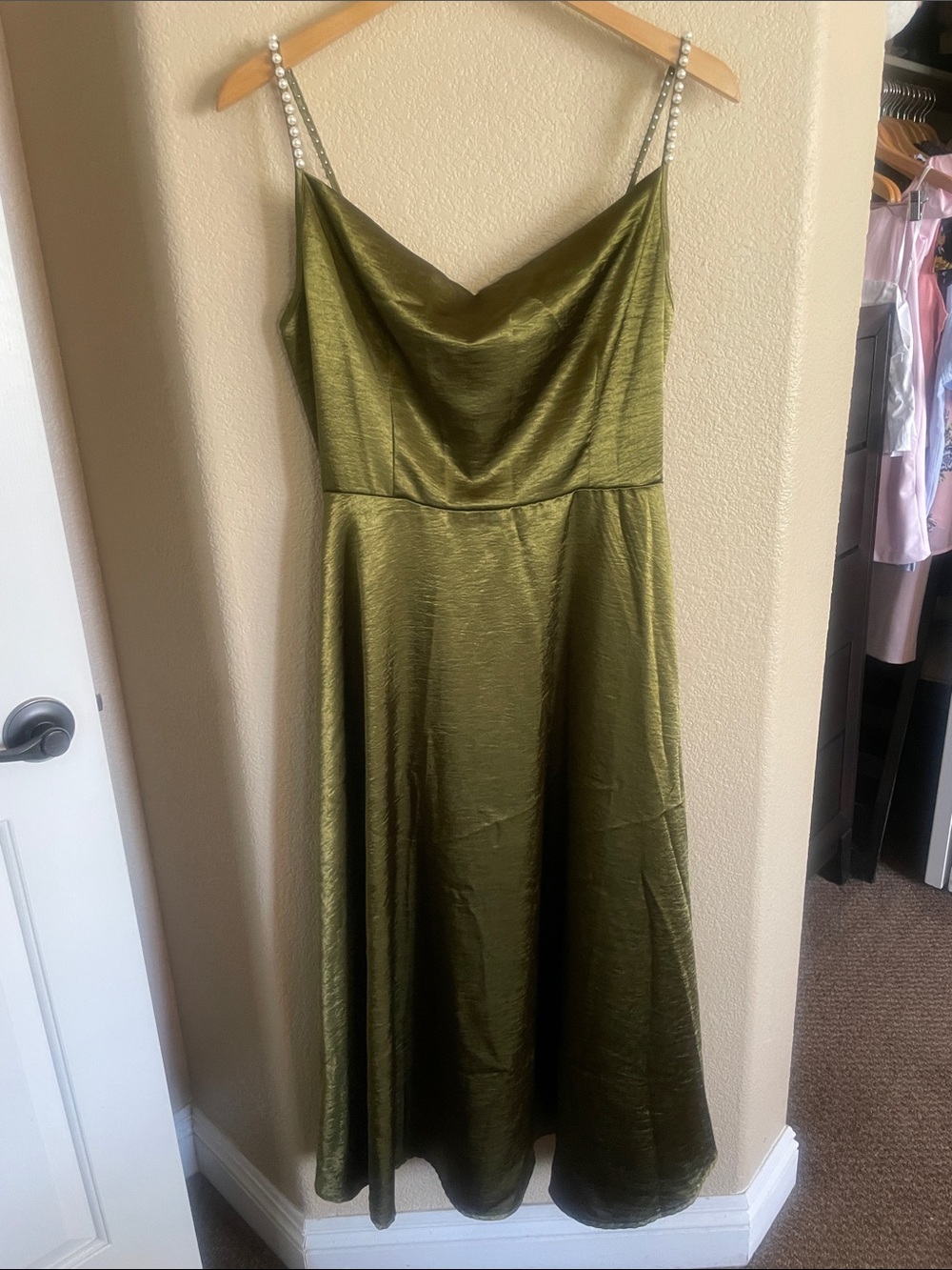 SHEIN Olive Green Cowl Midi Dress with Pearl Straps